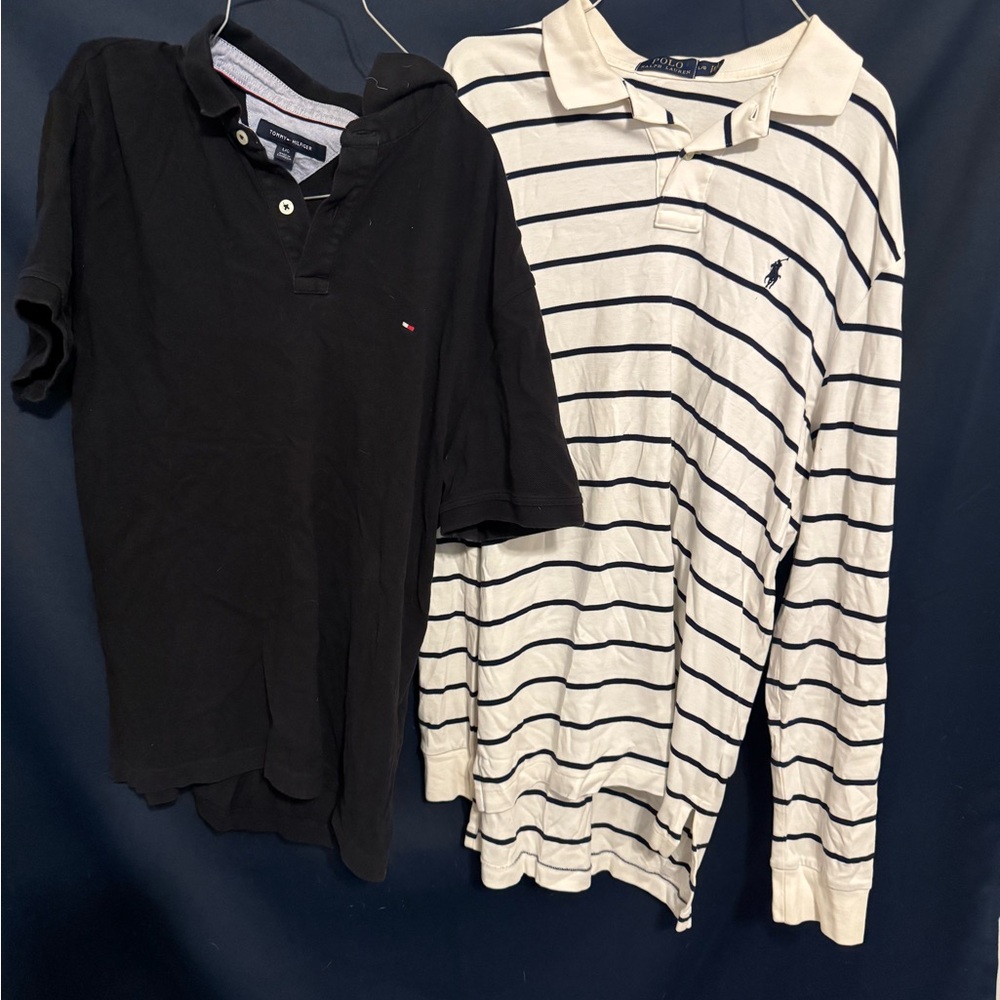 Black Polo Shirt and Striped Long Sleeve Shirt